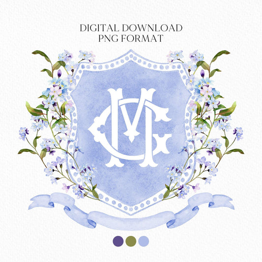 Wildflower Blue Spring Flower Wedding Crest - Monogram Crest - Wildflower bohemian Floral Watercolor Wedding Crest - Romantic Wedding Crest