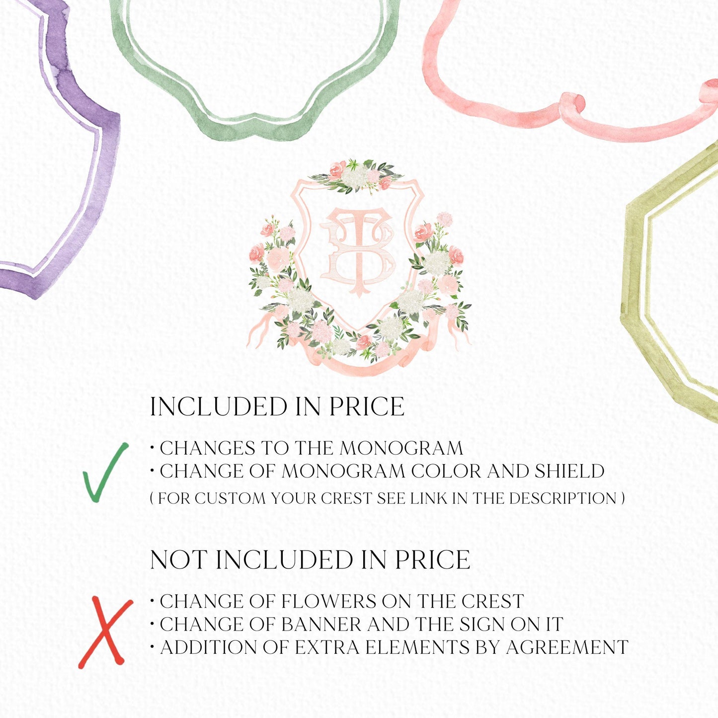 White Hydrangea Blush Peony Flower Wedding Crest - Monogram Crest - Floral Luxury Watercolor Wedding Crest - Romantic Wedding Crest