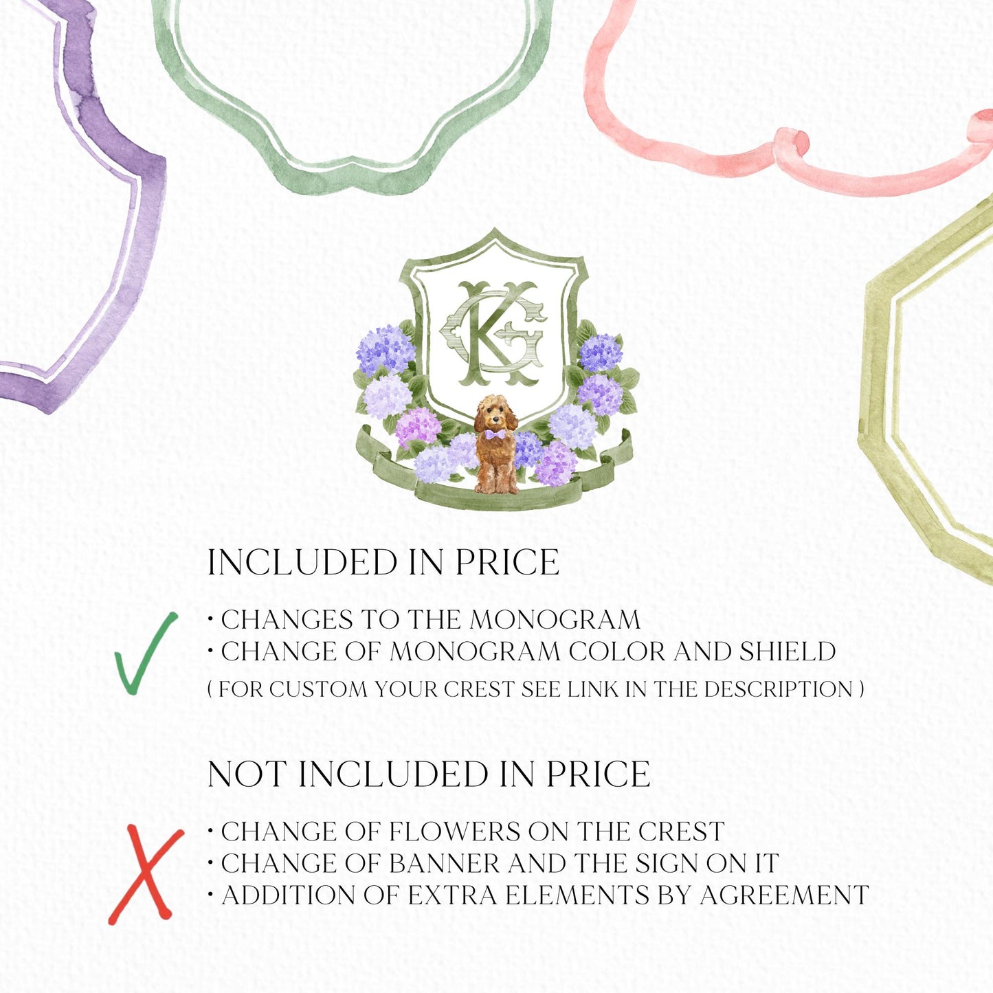 Blue, Pink & Purple Hydrangea Flower Wedding Crest - Monogram Crest - Hydrangea Floral Watercolor Wedding Crest - Romantic Wedding Crest