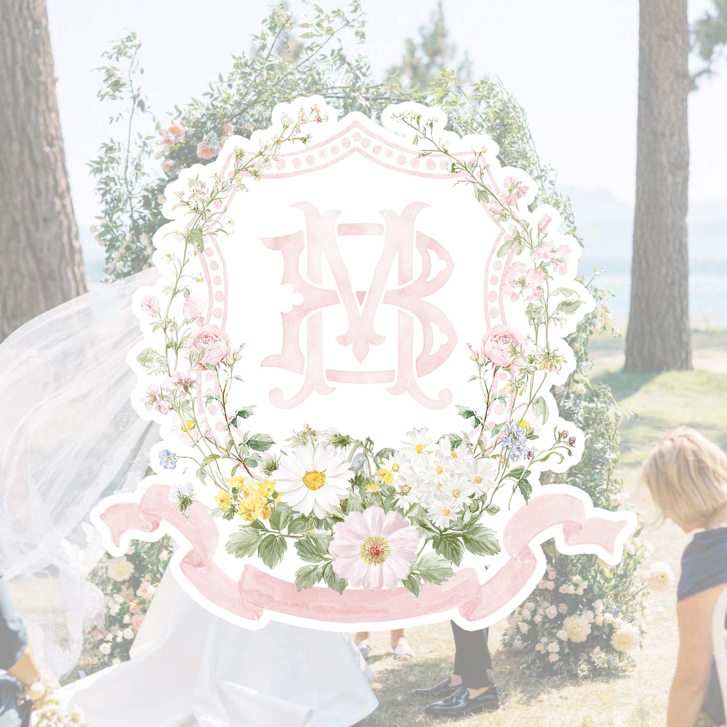 Pastel Wildflowers Light Pink Watercolor Wedding Crest - Monogram Crest - Floral Watercolor Wedding Crest - Romantic Wedding Crest