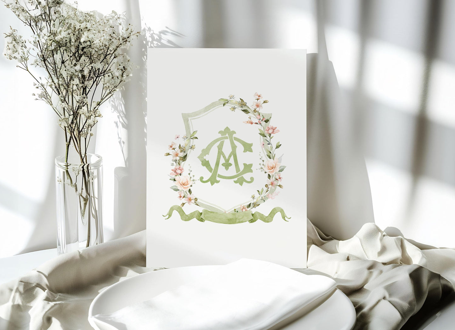 Blush Pink Flower Wedding Crest - Monogram Crest - Floral Luxury Watercolor Wedding Crest - Romantic Wedding Crest - Sage Blush Rose Crest