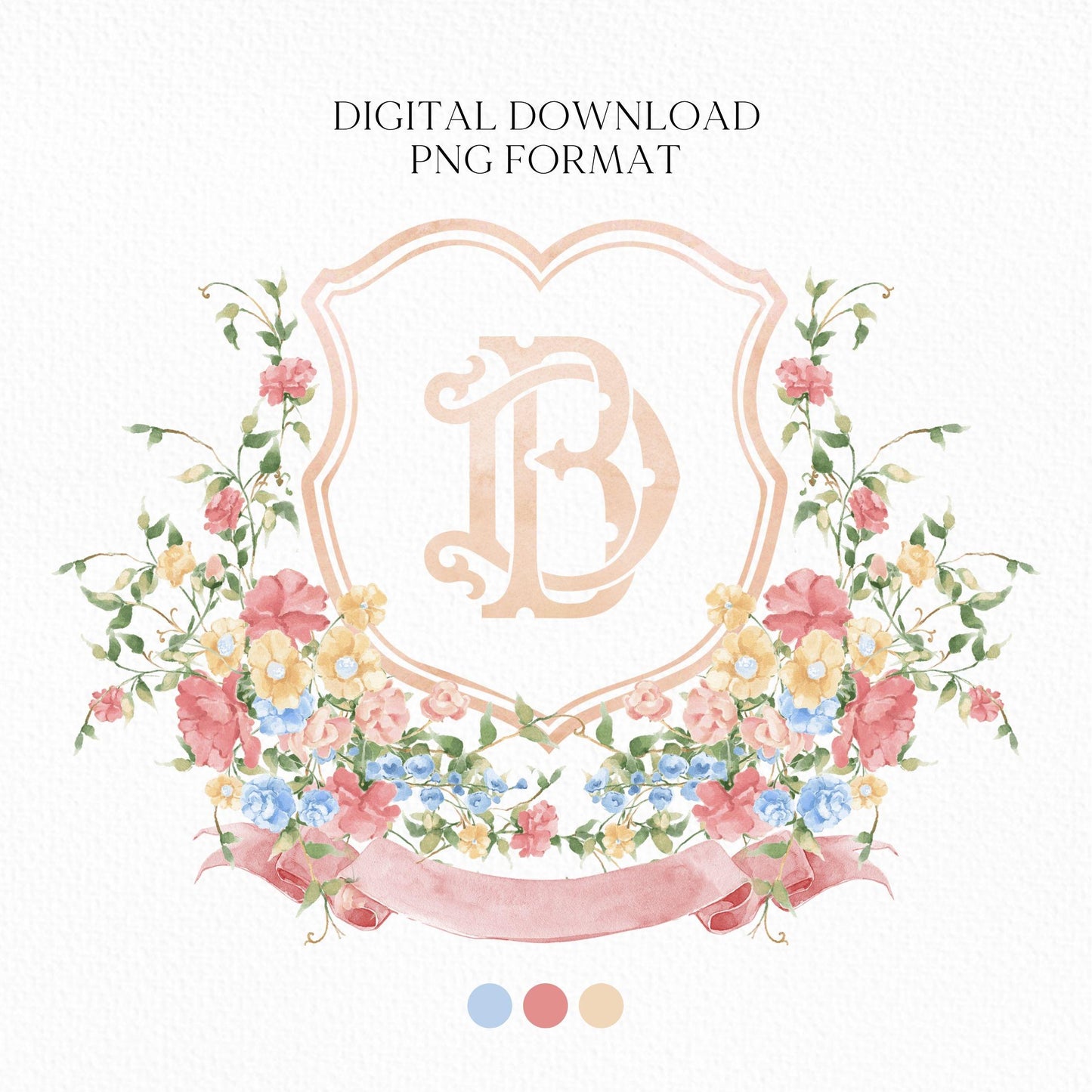 Wildflowers Pink Flower Garden Flowers Wedding Crest - Monogram Crest - Floral Luxury Watercolor Wedding Crest - Romantic Wedding Crest