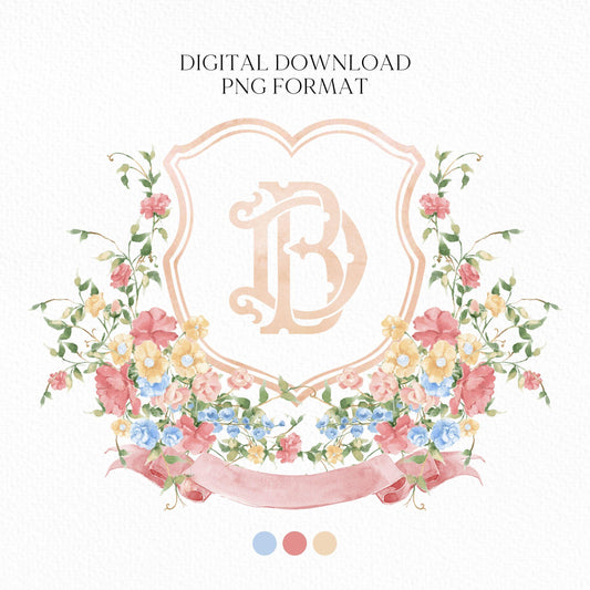 Wildflowers Pink Flower Garden Flowers Wedding Crest - Monogram Crest - Floral Luxury Watercolor Wedding Crest - Romantic Wedding Crest