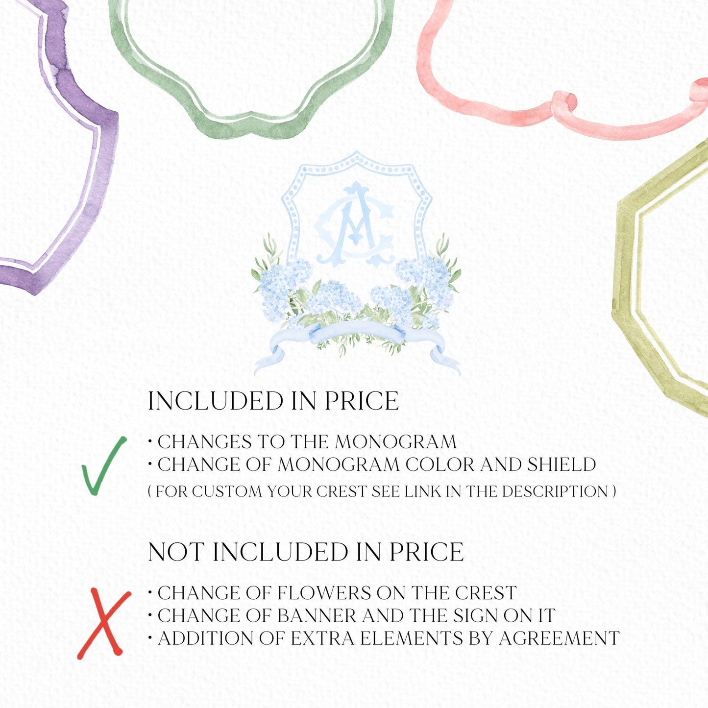 Blue Hydrangea Flower Wedding Crest - Monogram Crest - Hydrangea Light Blue Floral Luxury Watercolor Wedding Crest - Romantic Wedding Crest