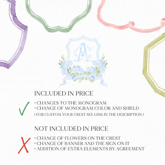 Blue Hydrangea Flower Wedding Crest - Monogram Crest - Hydrangea Light Blue Floral Luxury Watercolor Wedding Crest - Romantic Wedding Crest