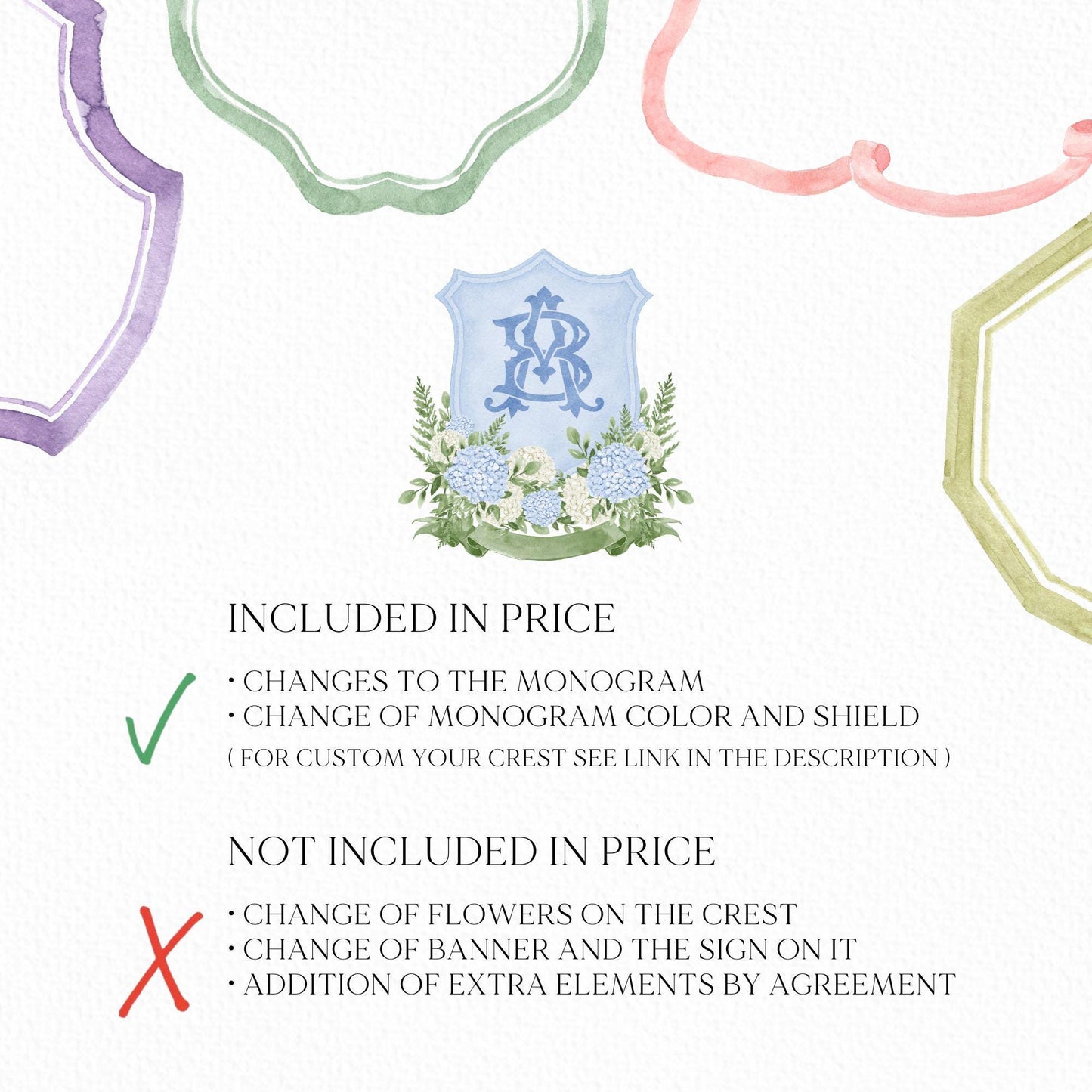 Hydrangea Flower Wedding Crest - Monogram Crest - Hydrangea Floral Luxury Watercolor Wedding Crest - Romantic Wedding Crest- Boho Hydrangea