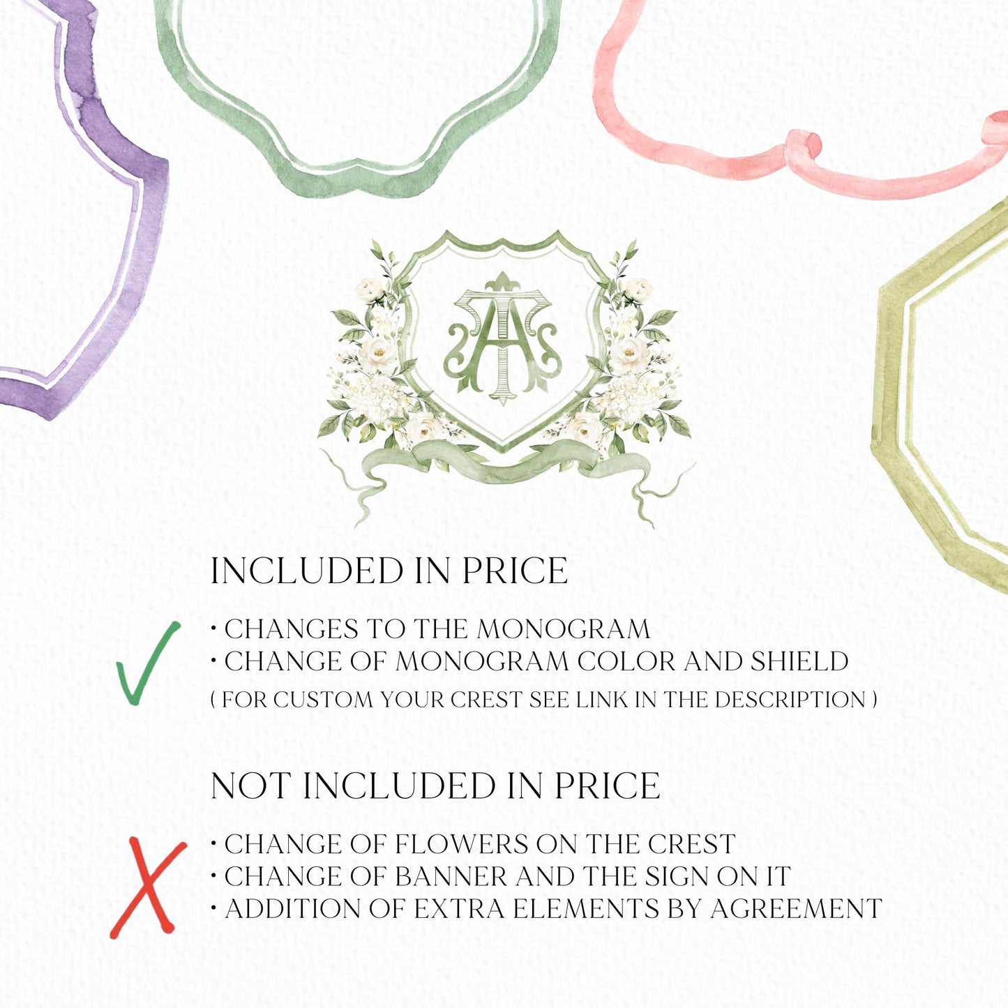 Hydrangea White Rose Greenery Flower Wedding Crest - Monogram Crest - Hydrangea White Floral Watercolor Wedding Crest Romantic Wedding Crest