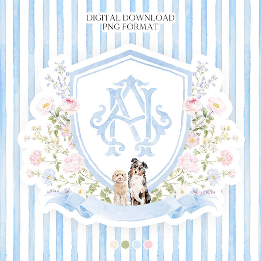 Wildflowers Bright Floral Colorful Watercolor Wedding Crest - Monogram Crest - Pastel Floral Watercolor Crest - Romantic Wedding Crest