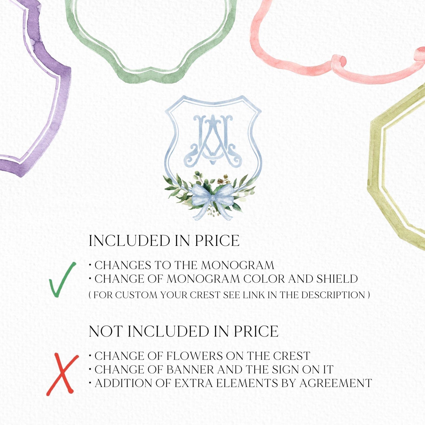 Watercolor Classic Eucalyptus Ribbon Flower Wedding Crest - Monogram Crest -  Luxury Watercolor Wedding Crest - Romantic Wedding Crest