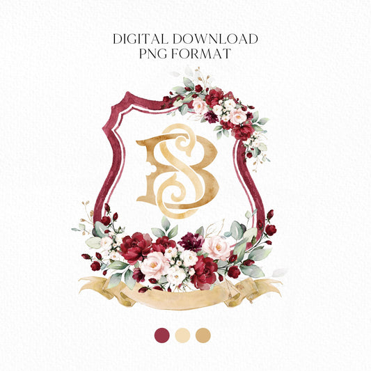 Burgundy Rose Flower Wedding Crest - Monogram Crest - Burgundy Floral Watercolor Wedding Crest - Romantic Wedding Crest- Boho Burgundy