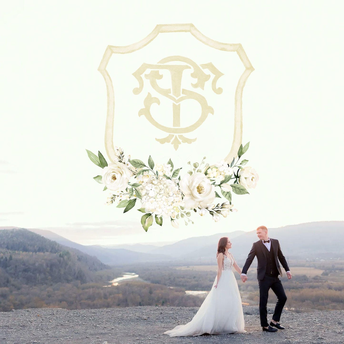 White Rose Greenery White Flower Wedding Crest - Monogram Crest - White Floral Watercolor Wedding Crest - Romantic Wedding Crest