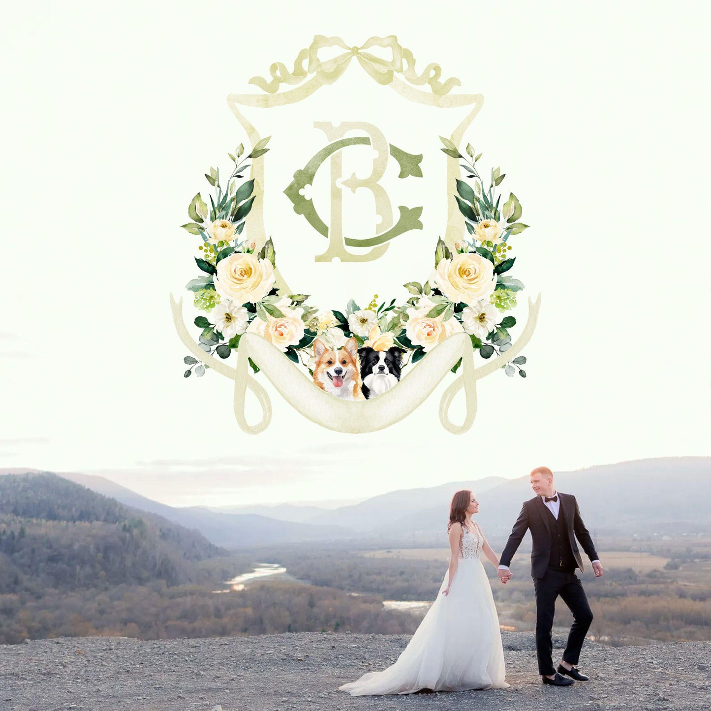 Lemon Green White Yellow Floral Flower Wedding Crest - Monogram Crest - Floral Luxury Watercolor Wedding Crest - Romantic Wedding Crest