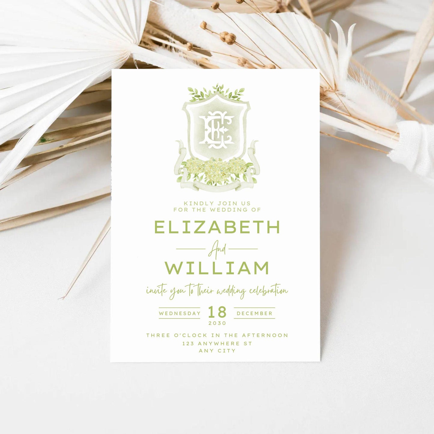 Green Hydrangea Flower Wedding Crest - Monogram Crest - Hydrangea Floral Watercolor Wedding Crest - Romantic Wedding Crest - Boho Hydrangea