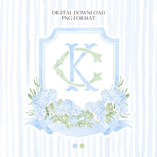 Watercolor Hydrangea Wedding Crest – Light Blue Floral Monogram (Digital Download)