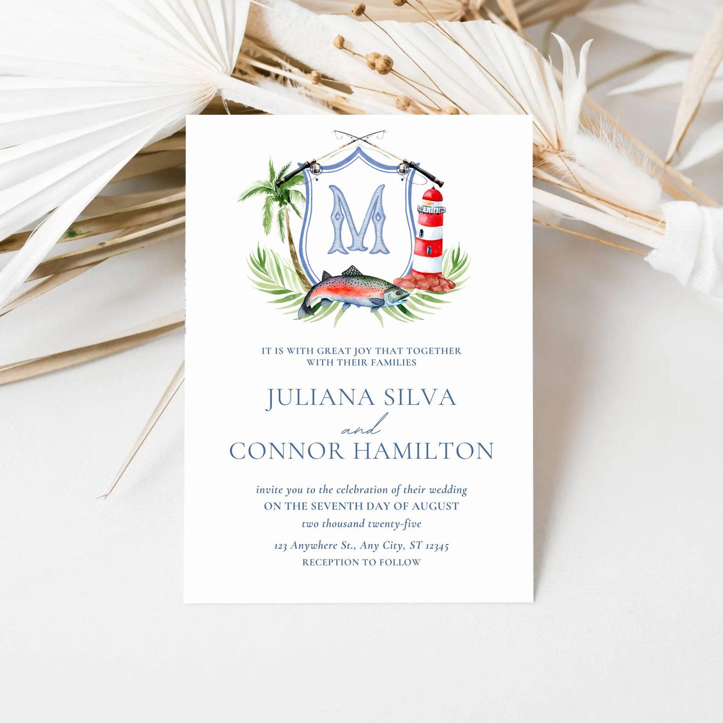 Fish Lighthouse Glass Ocean Wedding Watercolor Crest · Monogram Whale Crest · Palm Leaf Greenery Garden Sea Wedding Crest - Wedding Crest