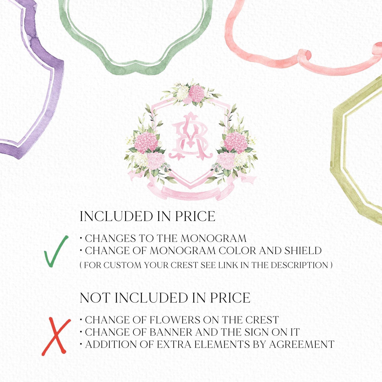 Pink Hydrangea Flower Wedding Crest - Monogram Crest - Hydrangea Floral Luxury Watercolor Wedding Crest - Romantic Wedding Crest