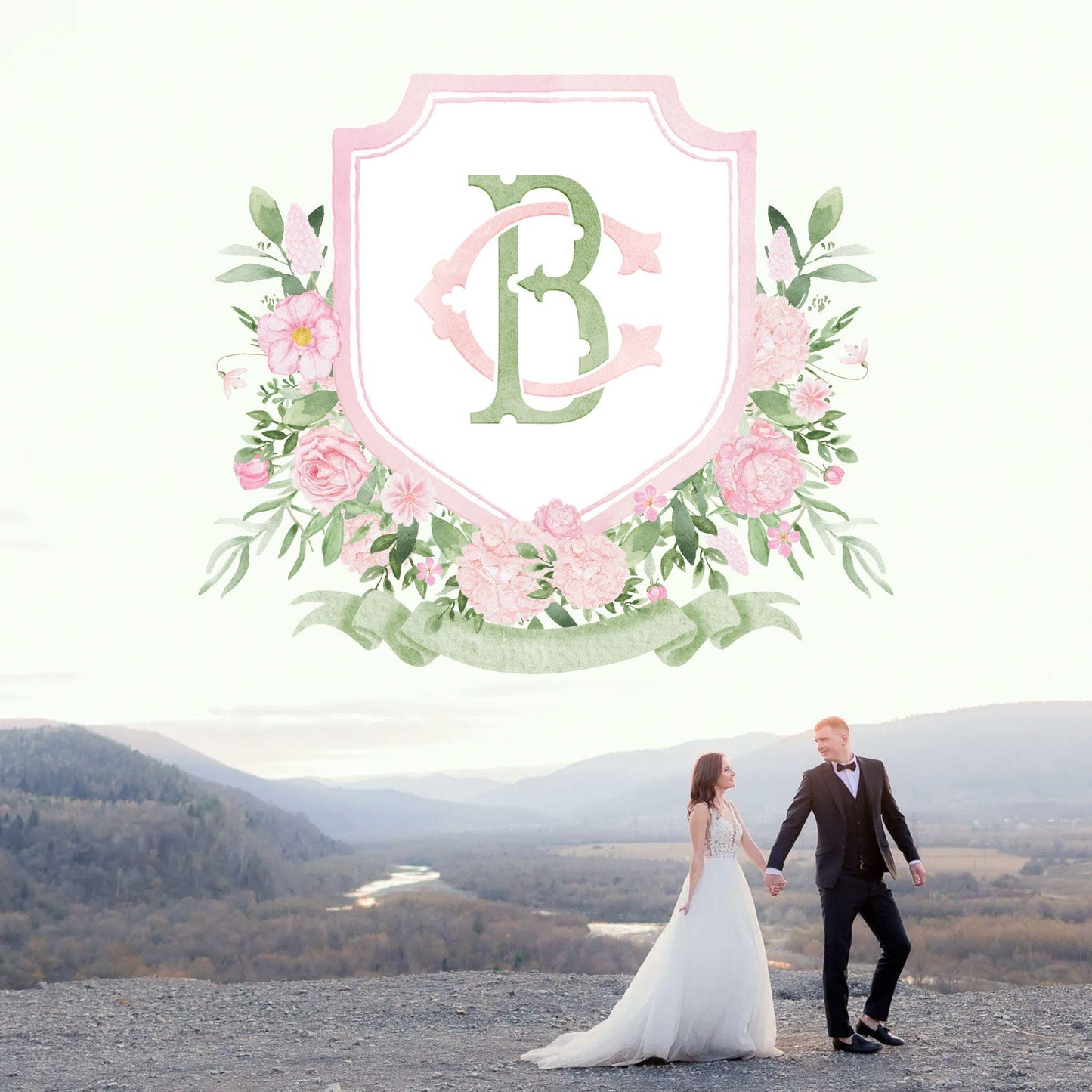 Roses Bouquets Flower Wedding Crest - Monogram Crest - Pink Peony Delicate Summer Floral Watercolor Wedding Crest - Romantic Wedding Crest