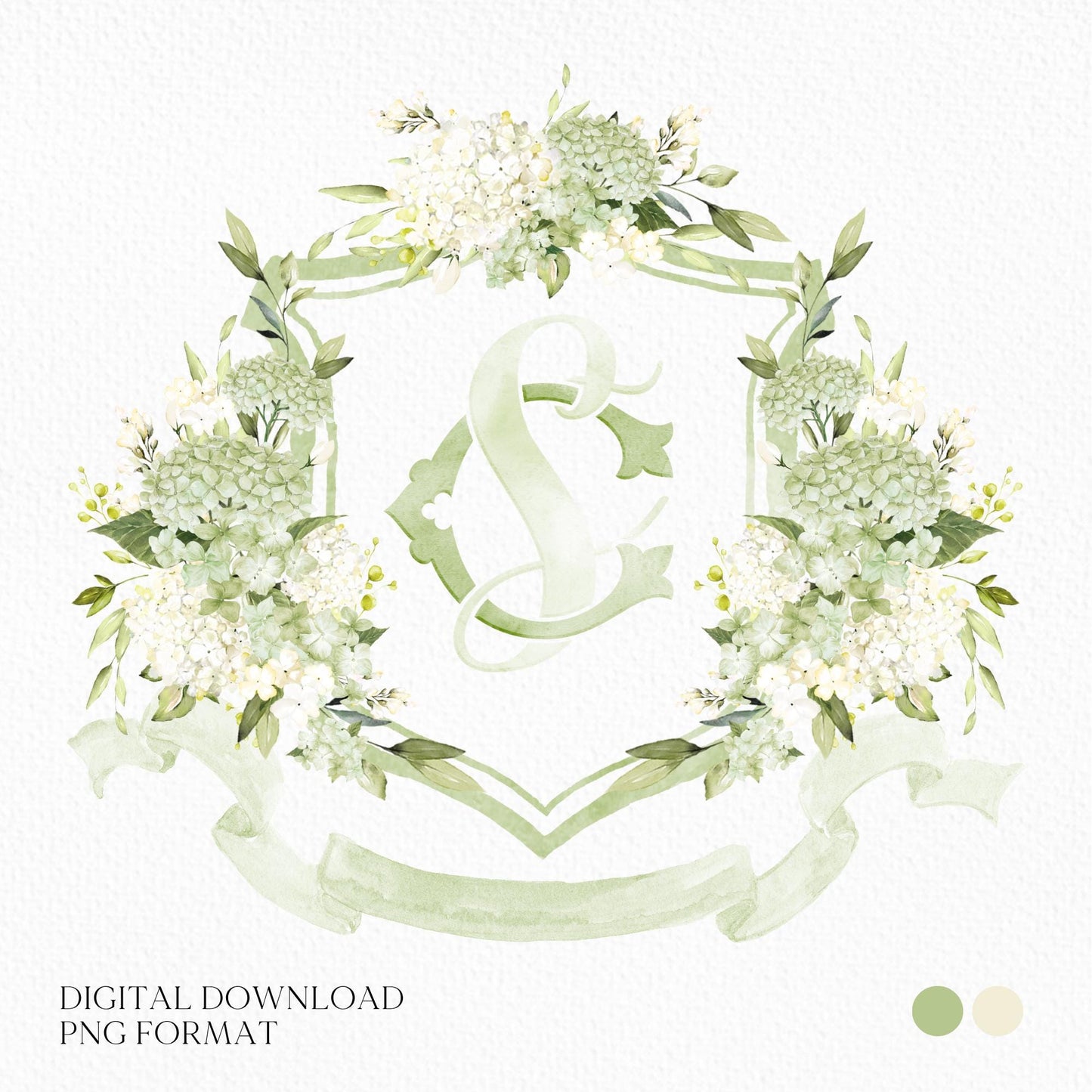 White Green Hydrangea Flower Greenery Wedding Crest - Monogram Crest - Hydrangea Floral Watercolor Wedding Crest - Romantic Wedding Crest