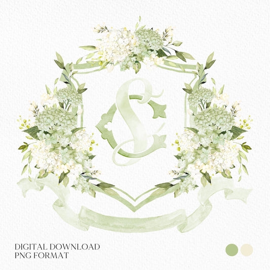 White Green Hydrangea Flower Greenery Wedding Crest - Monogram Crest - Hydrangea Floral Watercolor Wedding Crest - Romantic Wedding Crest