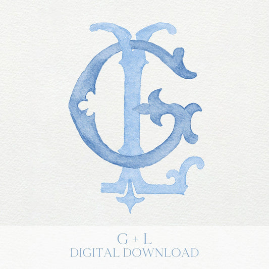 Watercolor GL Wedding Monogram – Classic Letter Design (Digital Download)