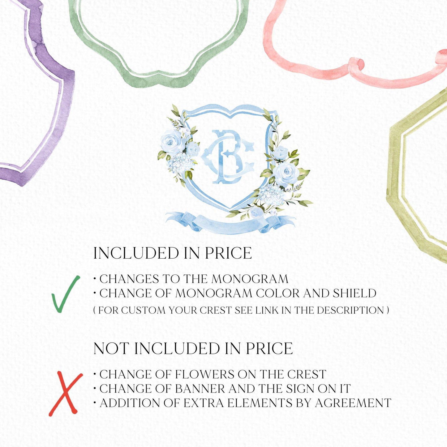 Baby Blue Roses Eucalyptus Flower Wedding Crest - Monogram Crest - Blue Floral Luxury Watercolor Wedding Crest - Romantic Wedding Crest
