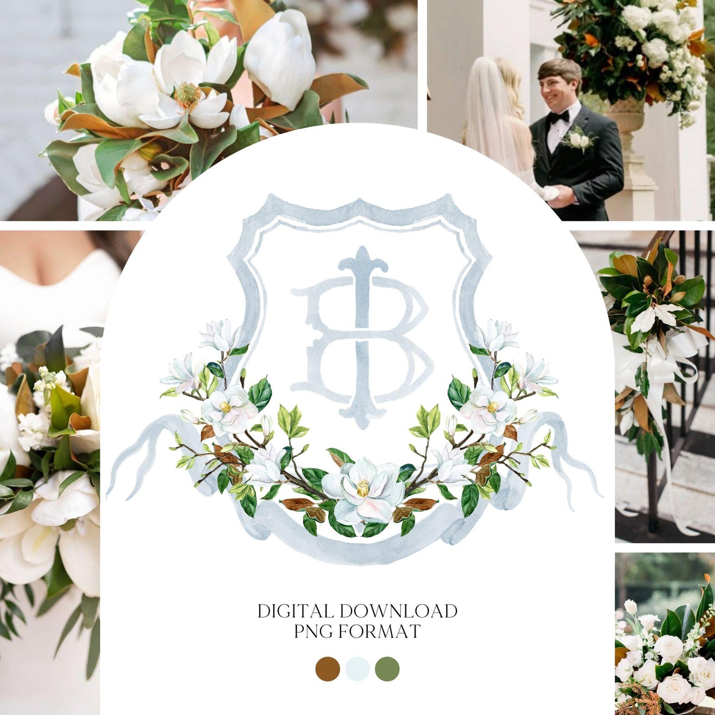 Magnolia Greenery Flower Watercolor Wedding Crest - Monogram Crest - Magnolia Floral Watercolor Wedding Crest - Romantic Wedding Crest