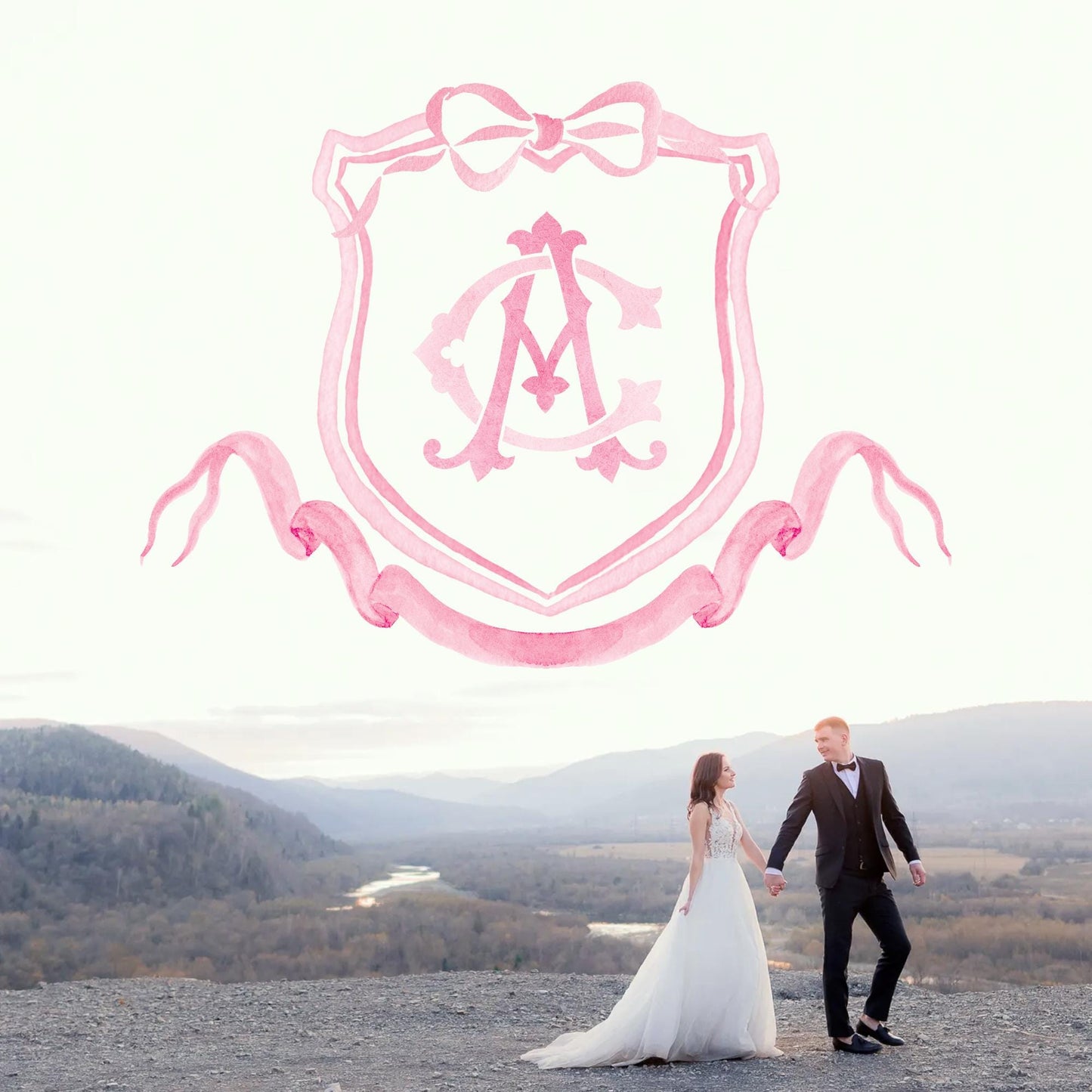Pink Coquette Ribbon Bow Crest Wedding Crest - Monogram Crest - Pink Ribbon Bow Watercolor Wedding Crest Romantic Wedding Crest