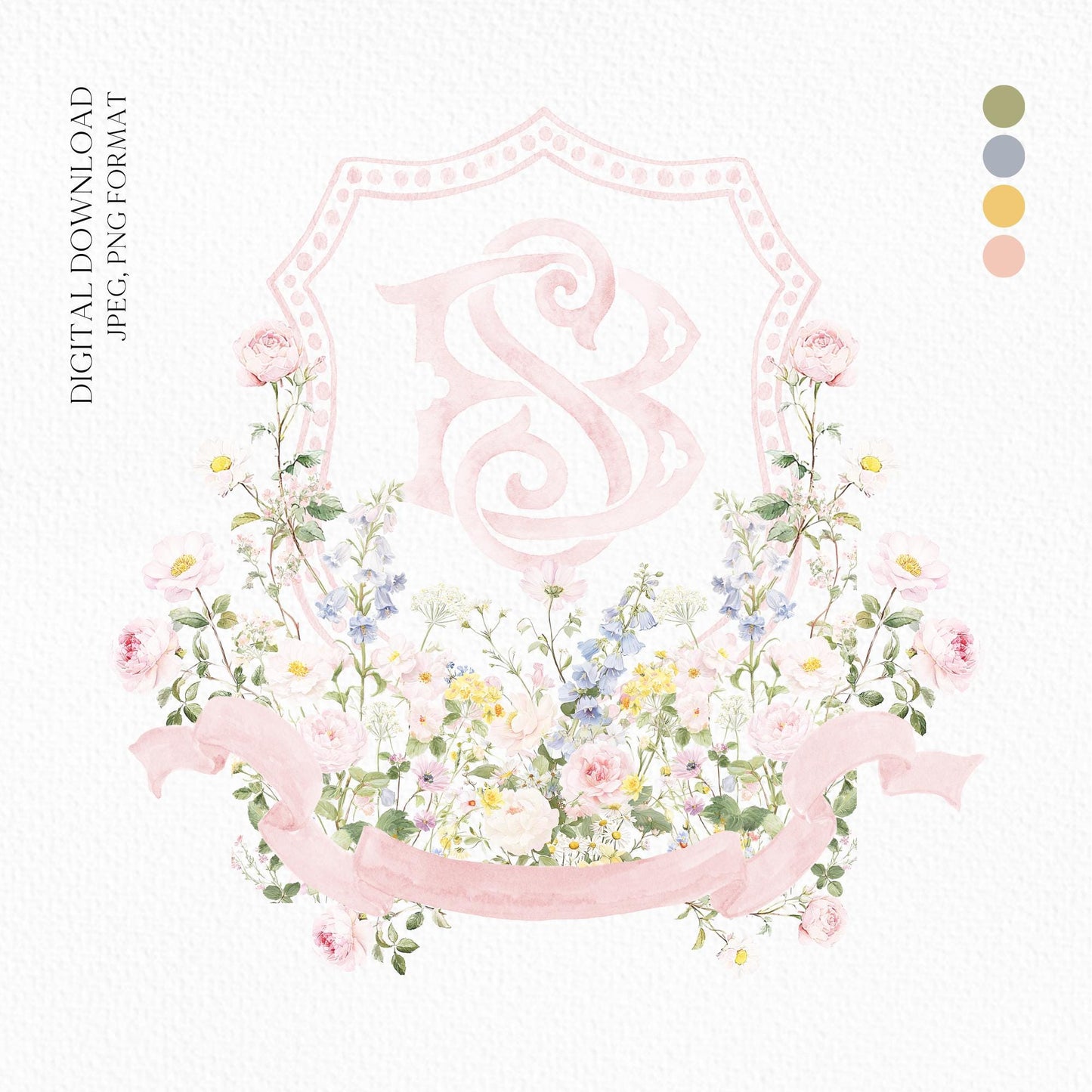 Pastel Wildflowers Light Pink Watercolor Wedding Crest - Monogram Crest - Floral Watercolor Wedding Crest - Romantic Wedding Crest