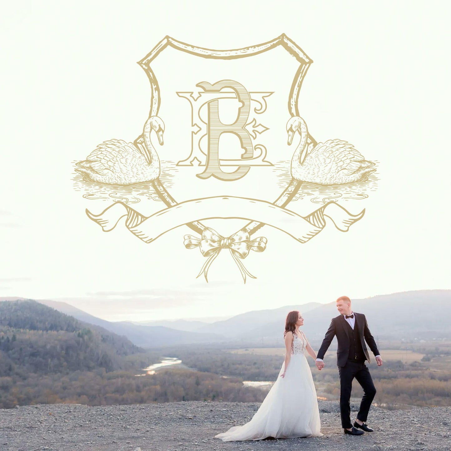 Vintage Swans Gold Wedding Crest Bow Crest - Monogram Crest - Bow Swans Luxury Line art Wedding Crest - Romantic Wedding Crest