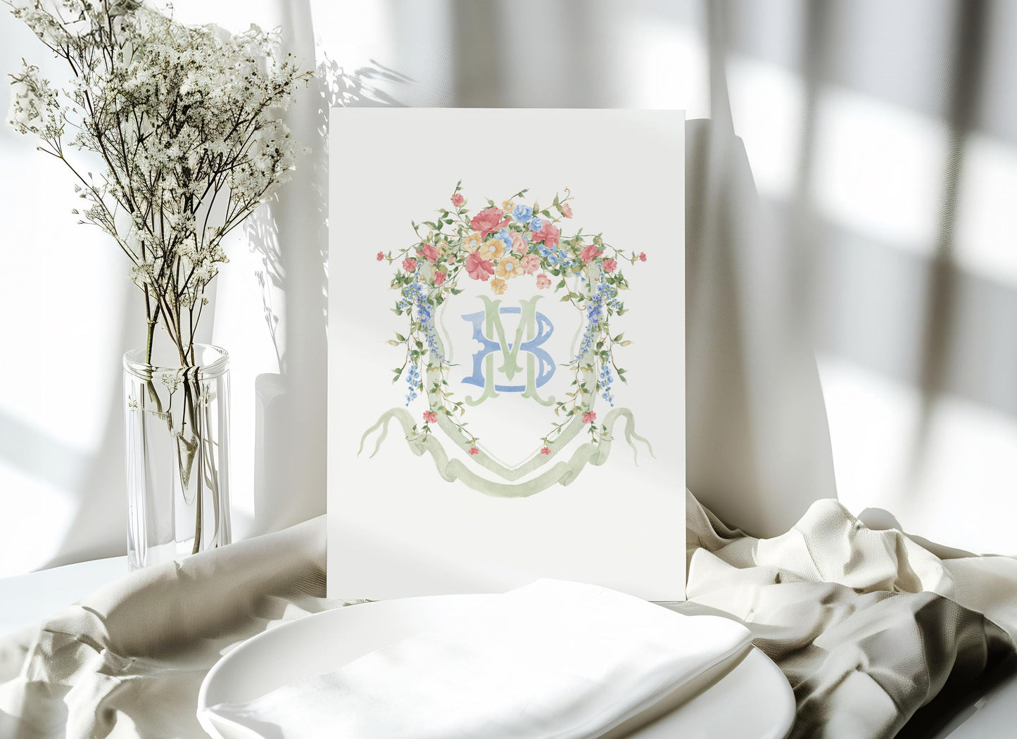Wildflowers Pink Flower Garden Flowers Wedding Crest - Monogram Crest - Floral Luxury Watercolor Wedding Crest - Romantic Wedding Crest