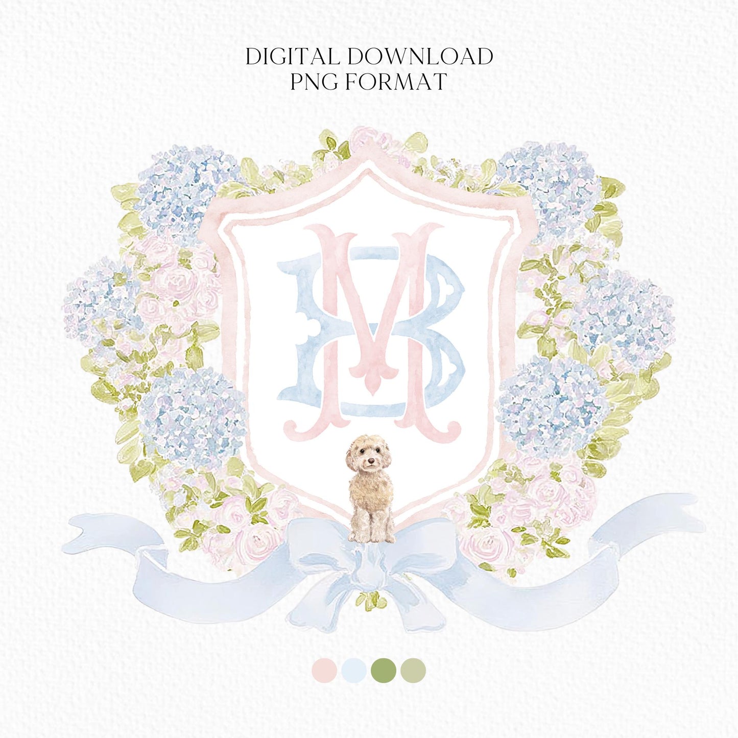 Hydrangea Pink Green Floral Wedding Crest - Monogram Crest - Green Baby's Breath Hydrangea Floral Luxury Watercolor Wedding Crest