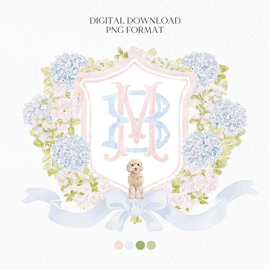 Hydrangea Pink Green Floral Wedding Crest - Monogram Crest - Green Baby's Breath Hydrangea Floral Luxury Watercolor Wedding Crest