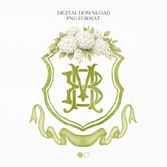 White Hydrangea Flower Wedding Crest - Monogram Crest - Hydrangea Floral Watercolor Wedding Crest - Romantic Wedding Crest - Boho Hydrangea