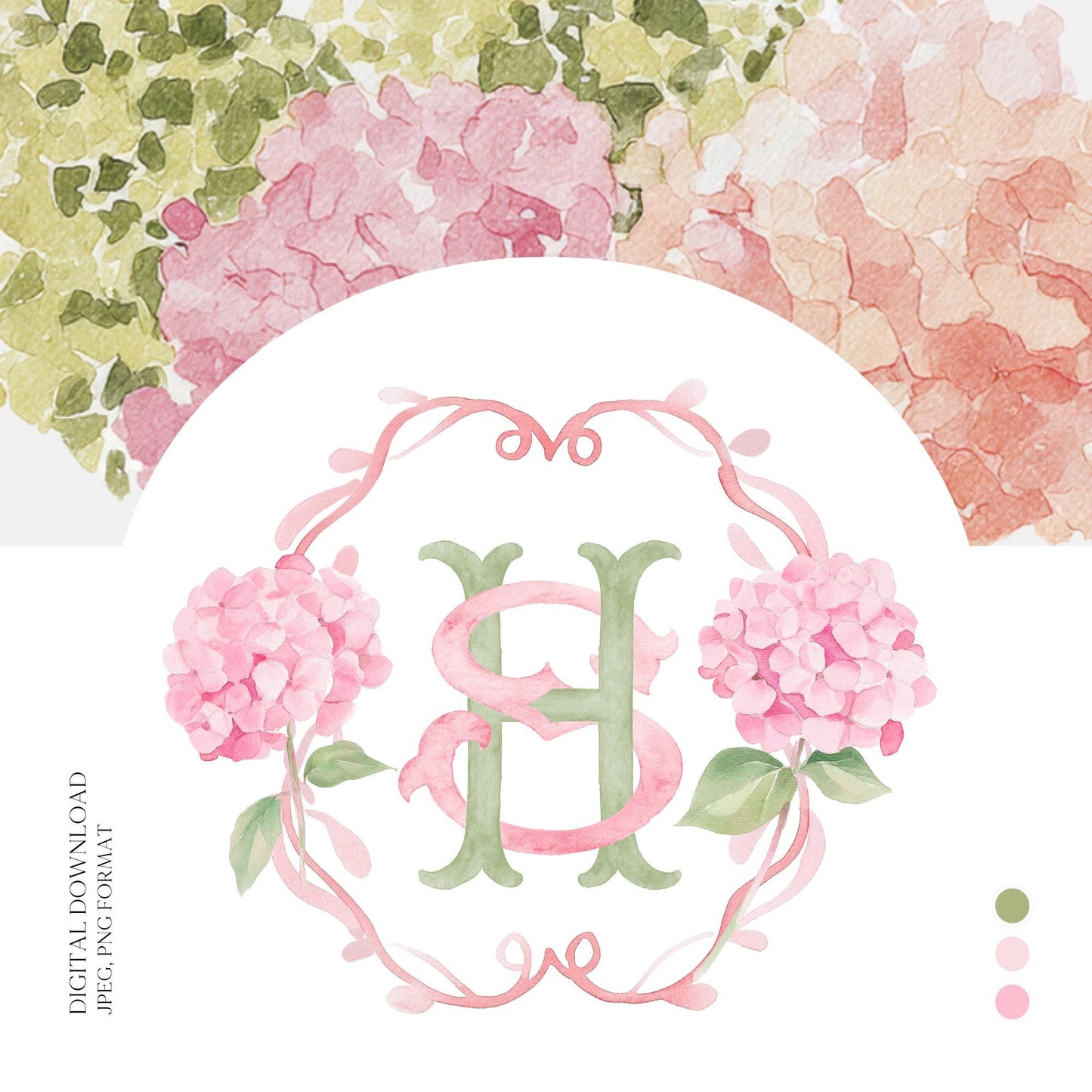 Pink Hydrangea Flower Wedding Crest - Monogram Crest - Hydrangea Floral Luxury Watercolor Wedding Crest - Romantic Wedding Crest