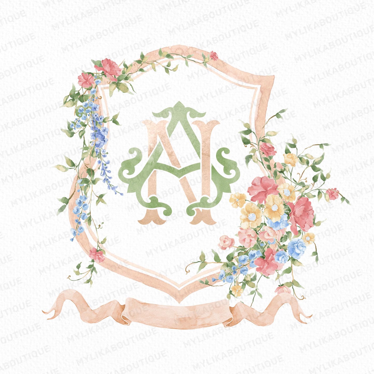 Wildflowers Pink Flower Garden Flowers Wedding Crest - Monogram Crest - Floral Luxury Watercolor Wedding Crest - Romantic Wedding Crest
