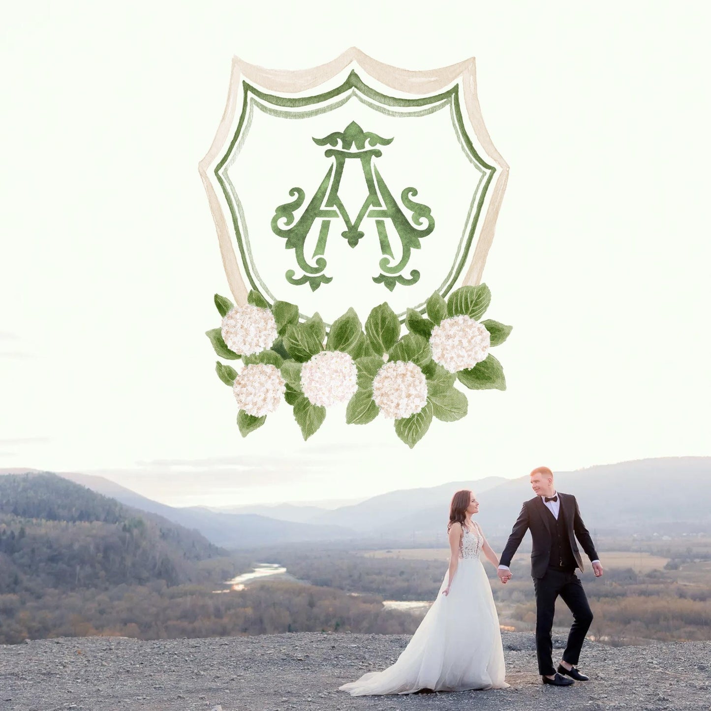 Hydrangea White Flower Wedding Crest - Monogram Crest - White Hydrangea Floral Luxury Watercolor Wedding Crest - Romantic Wedding Crest