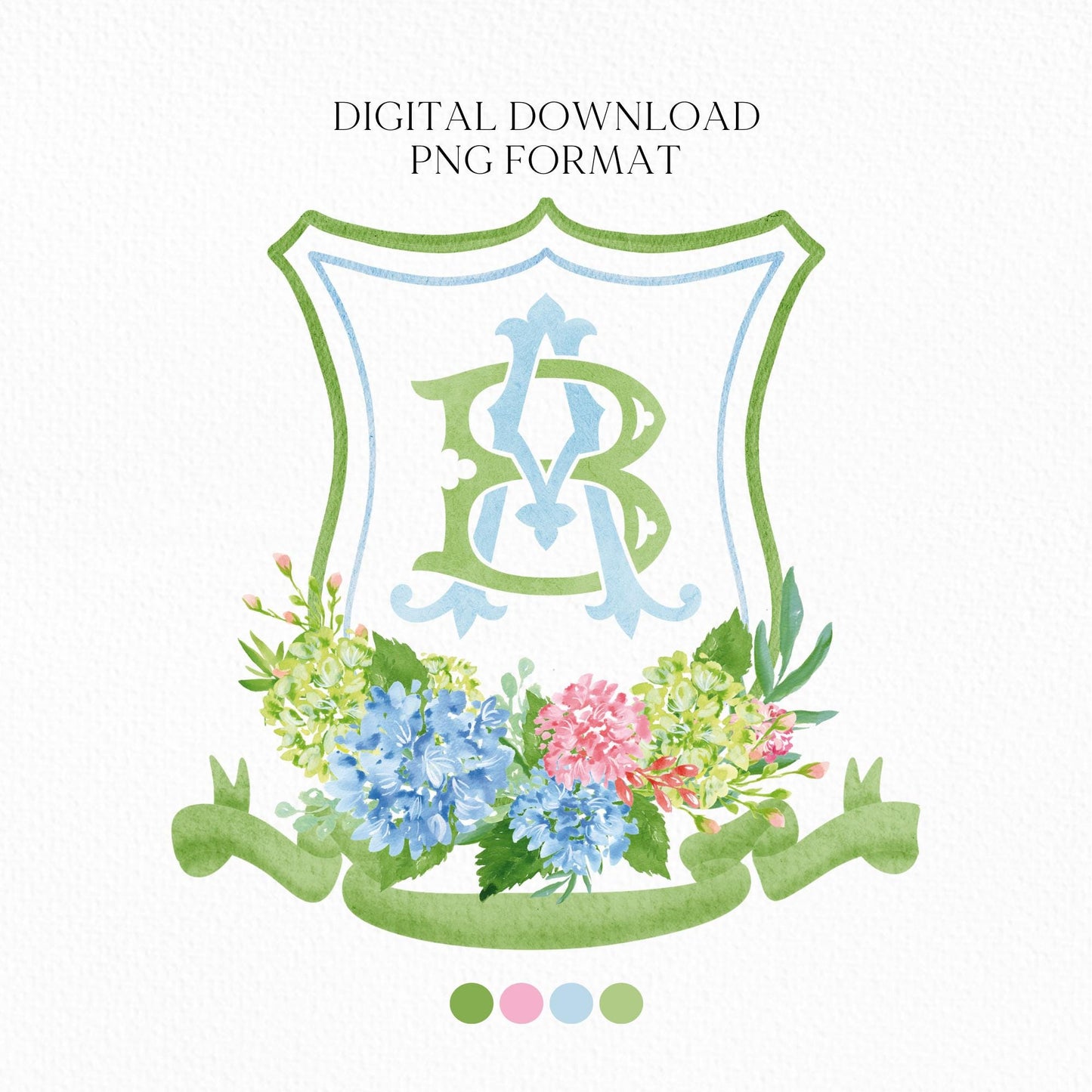 Hydrangea Blue Pink Wedding Crest - Monogram Crest - Hydrangea Green Floral Luxury Watercolor Wedding Crest - Romantic Wedding Crest