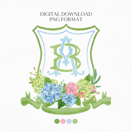 Hydrangea Blue Pink Wedding Crest - Monogram Crest - Hydrangea Green Floral Luxury Watercolor Wedding Crest - Romantic Wedding Crest