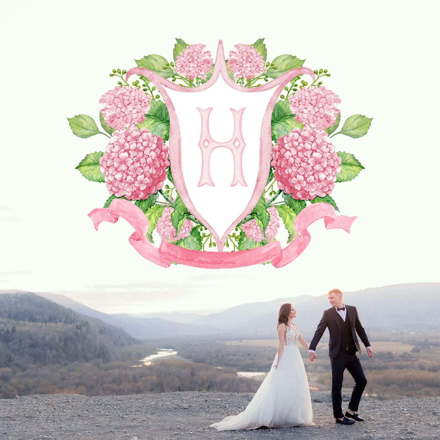 Pink Hydrangea Flower Wedding Crest - Monogram Crest - Hydrangea Floral Luxury Watercolor Wedding Crest - Romantic Wedding Crest
