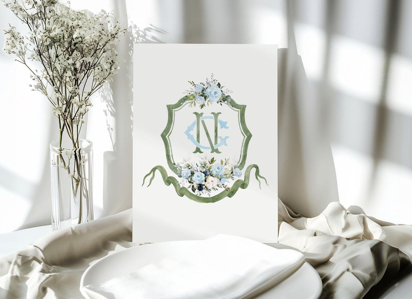 Soft Blue Roses Eucalyptus Flower Wedding Crest - Monogram Crest - Blue Floral Luxury Watercolor Wedding Crest - Romantic Wedding Crest