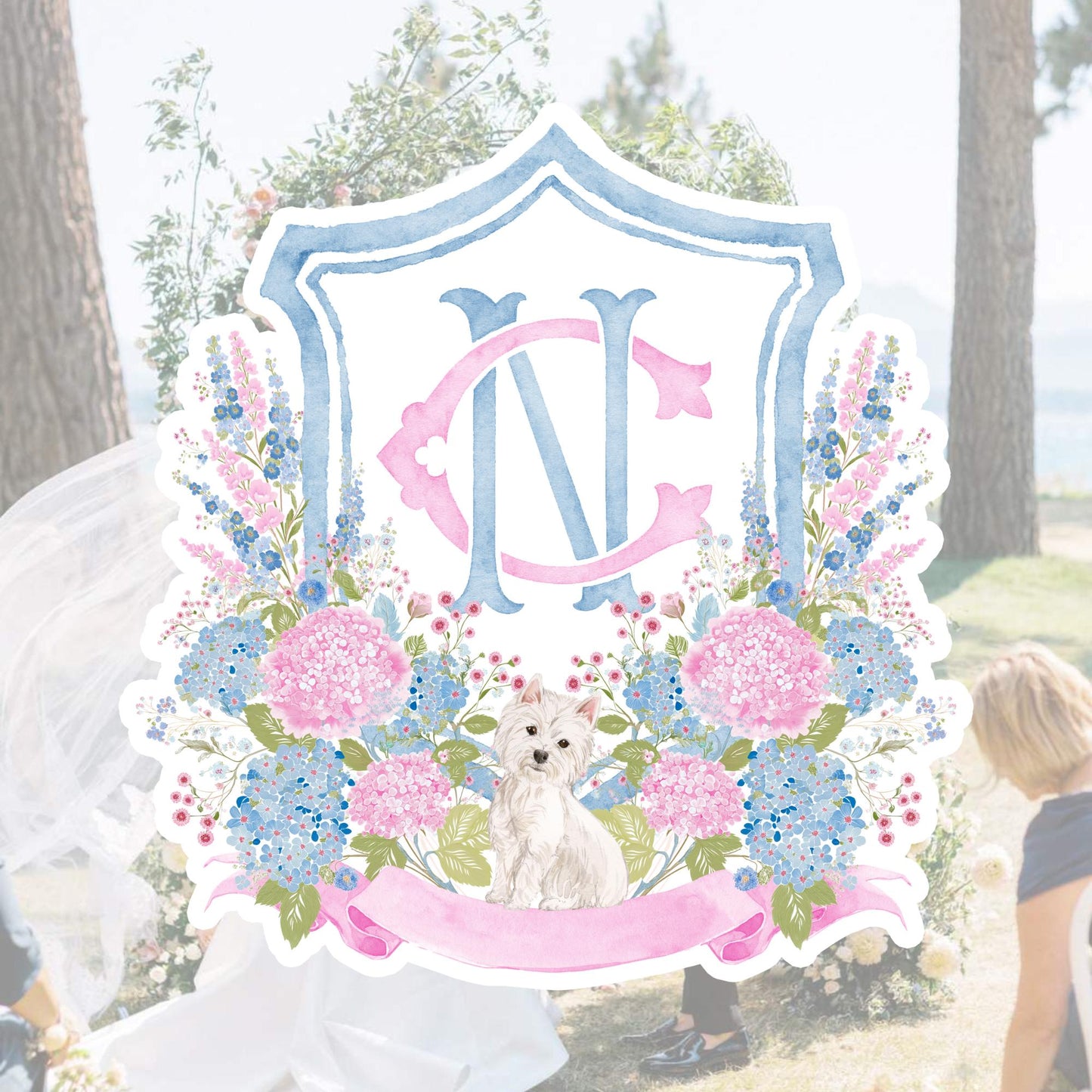 Hydrangea Blue Pink Wedding Family Crest - Light Pink Blue Hydrangea Flower Wedding Crest - Monogram Crest