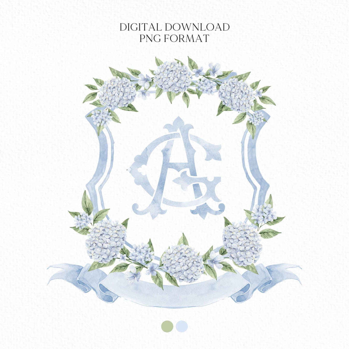 White Blue Hydrangea Flower Wedding Crest - Monogram Crest - Hydrangea Floral Luxury Watercolor Wedding Crest - Romantic Wedding Crest