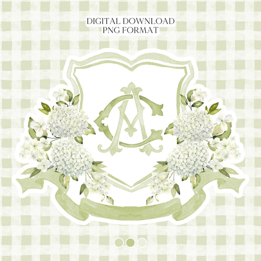 White Hydrangea Flower Wedding Crest - Monogram Crest - Hydrangea Floral Luxury Watercolor Wedding Crest - Romantic Wedding Crest