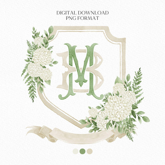 White Hydrangea Flower Wedding Crest - Monogram Crest - Hydrangea Floral Luxury Watercolor Wedding Crest - Romantic Wedding Crest