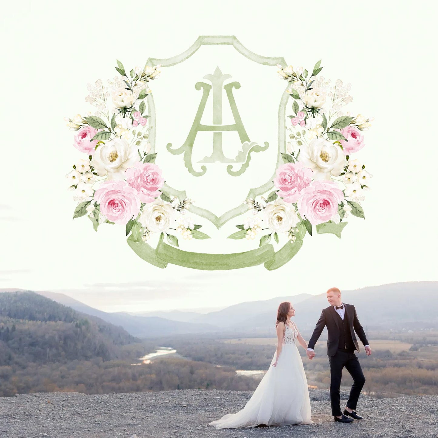 White Roses Blush Pink Rose Flower Wedding Crest - Monogram Crest - Roses Floral Luxury Watercolor Wedding Crest