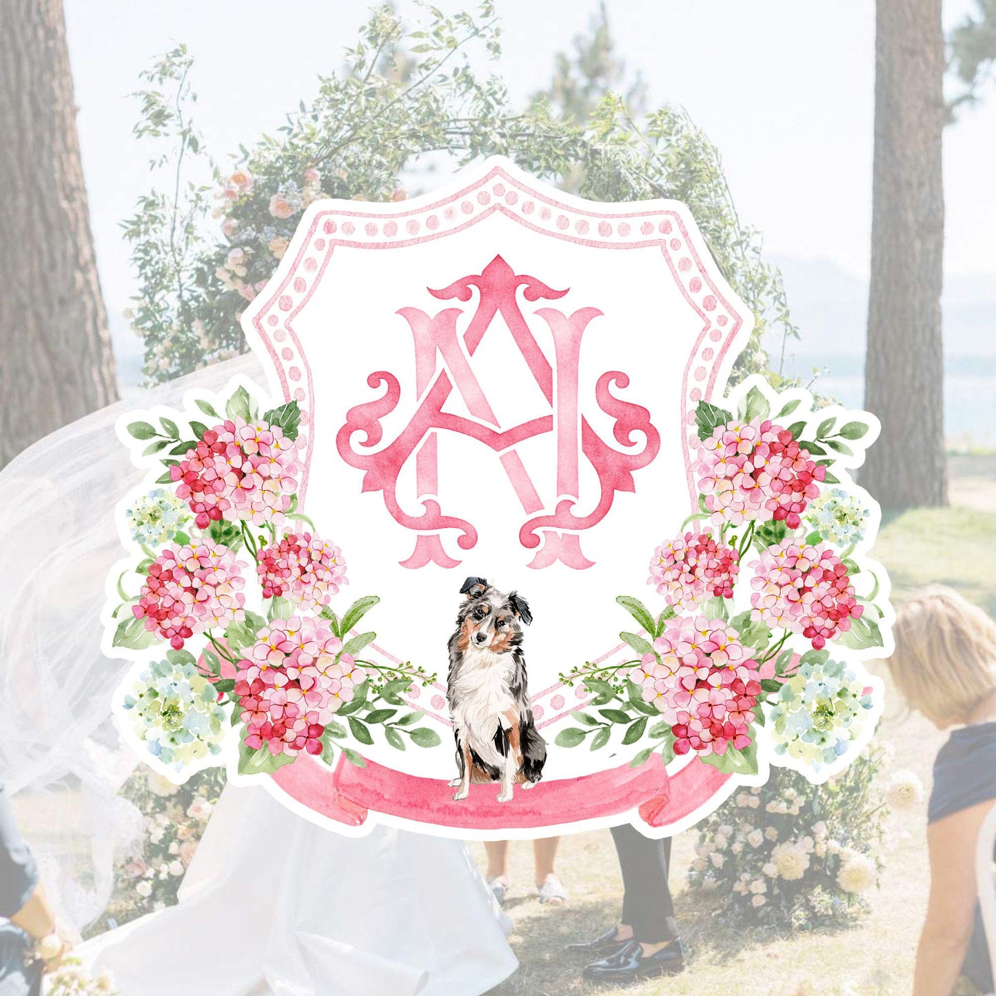 Watercolor Light Pink Hydrangea Wedding Crest – Pink Floral Monogram (Digital Download)