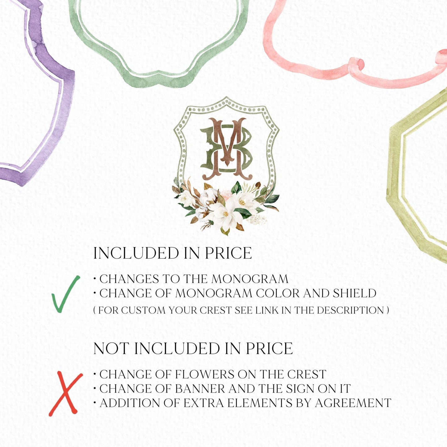 Magnolia Cotton Flower Watercolor Wedding Crest - Monogram Crest - Magnolia Floral Watercolor Wedding Crest - Romantic Wedding Crest