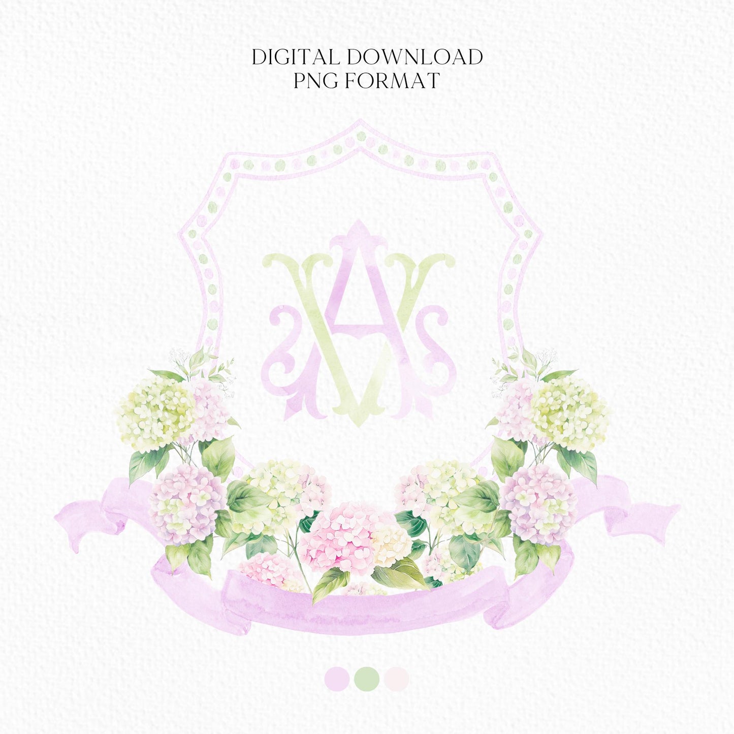 Hydrangea Pink Green Floral Wedding Crest - Monogram Crest - Hydrangea Floral Luxury Watercolor Wedding Crest - Romantic Wedding Crest