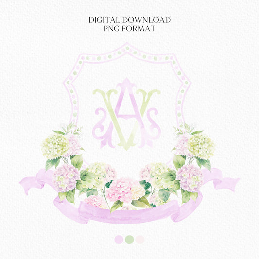 Hydrangea Pink Green Floral Wedding Crest - Monogram Crest - Hydrangea Floral Luxury Watercolor Wedding Crest - Romantic Wedding Crest