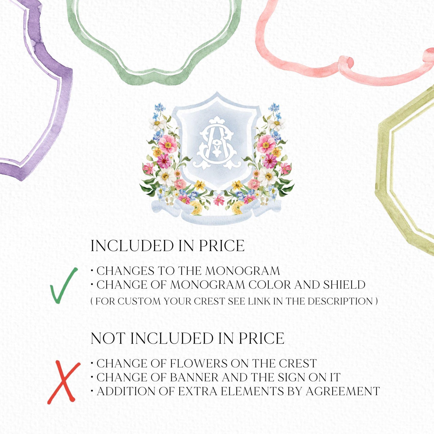 Wildflowers Bright Floral Colorful Watercolor Wedding Crest - Monogram Crest - Fantasy Garden Watercolor Wedding Crest - Pastel Bright Crest